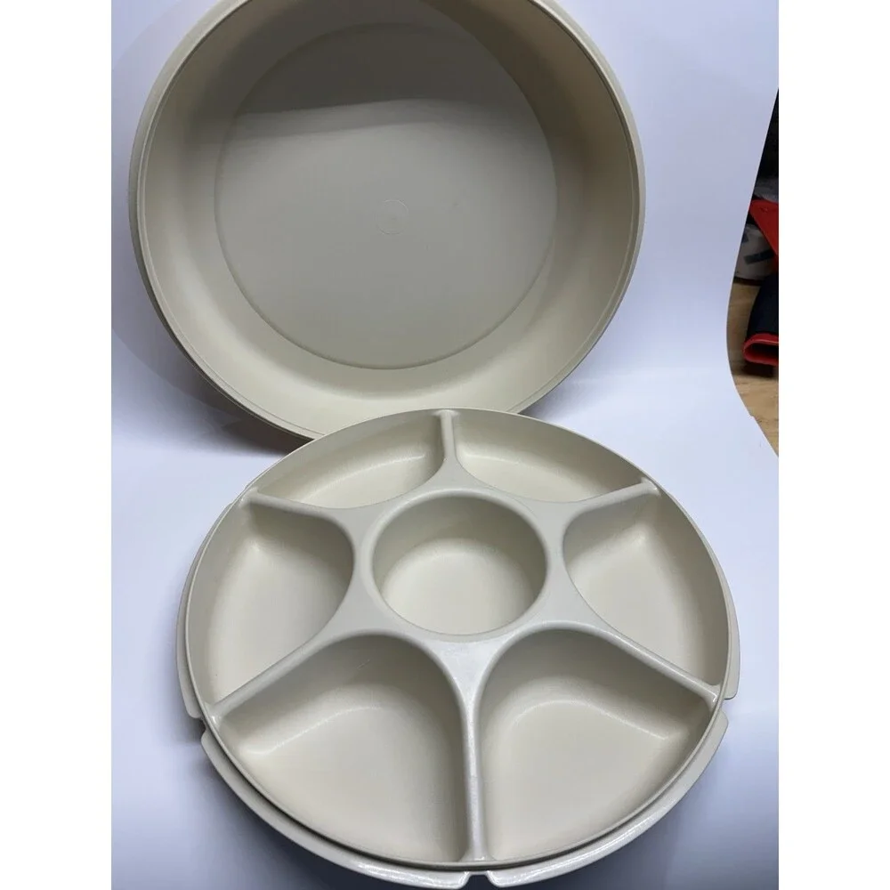 Vintage Tupperware Party Susan Lazy Susan Snack Server Divided Tray Almond